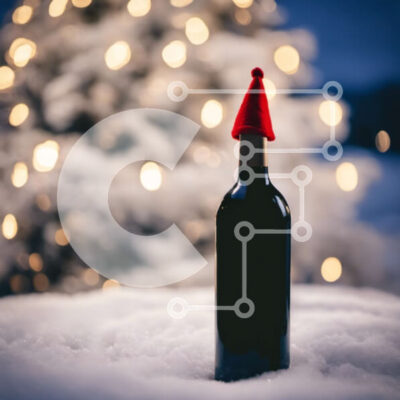 Intra Συλλεκτικό Ξύλινο Παζλ Plywood 4mm - Μπουκάλι μαύρου κρασιού με καπέλο Άγιου Βασίλη στο χιόνι μπροστά από το χριστουγεννιάτικο δέντρο Σε Ξύλινο Κουτί - Διαστάσεις: 10x10 cm – 25 κομμάτια - Image 1