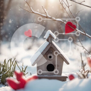 Intra Συλλεκτικό Ξύλινο Παζλ Plywood 4mm - Χιονισμένο Birdhouse με Κόκκινες Καρδιές Σε Ξύλινο Κουτί - Διαστάσεις: 10x10 cm – 25 κομμάτια - Image 1