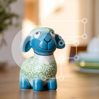 Intra Συλλεκτικό Ξύλινο Παζλ Plywood  4mm - Μπλε και άσπρο ειδώλιο προβάτου σε ξύλινο τραπέζι με φυτά σε γλάστρες Σε Ξύλινο Κουτί - Διαστάσεις Puzzle: 10x10 cm – 25 κομμάτια - Image 1