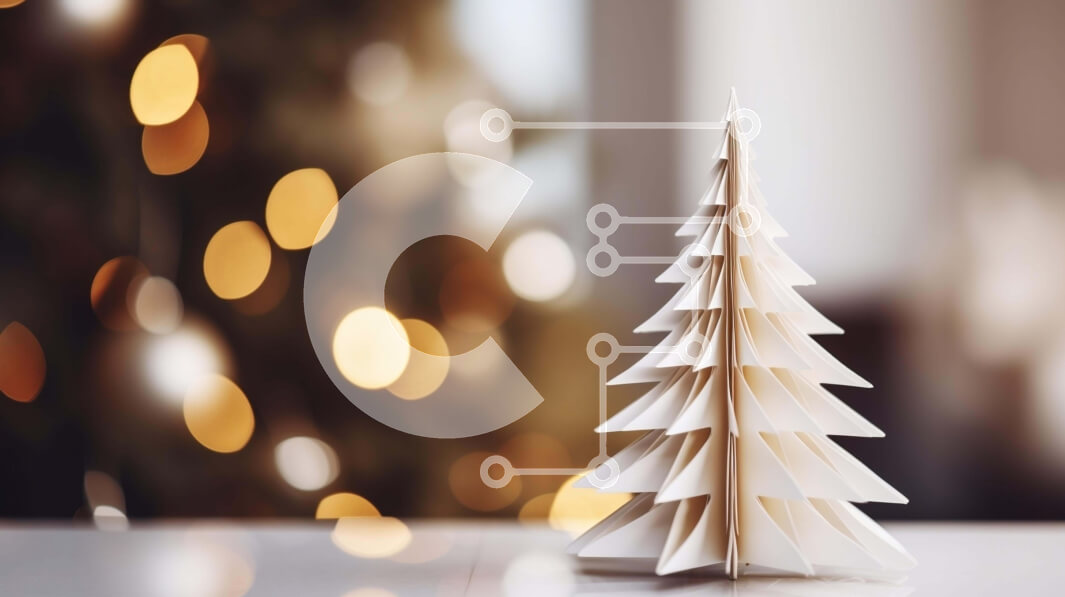 Intra Συλλεκτικό Ξύλινο Παζλ Plywood  4mm - Λευκό χριστουγεννιάτικο δέντρο Origami σε ξύλινο τραπέζι με φώτα Bokeh Σε Ξύλινο Κουτί - Διαστάσεις: 10x10 cm – 25 κομμάτια