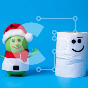 Intra Συλλεκτικό Ξύλινο Παζλ Plywood  4mm - Πράσινο μπιζέλι με καπέλο Santa και άδειο ρολό χαρτιού υγείας σε μπλε φόντο Σε Ξύλινο Κουτί - Διαστάσεις Puzzle: 10x10 cm – 25 κομμάτια - Image 1