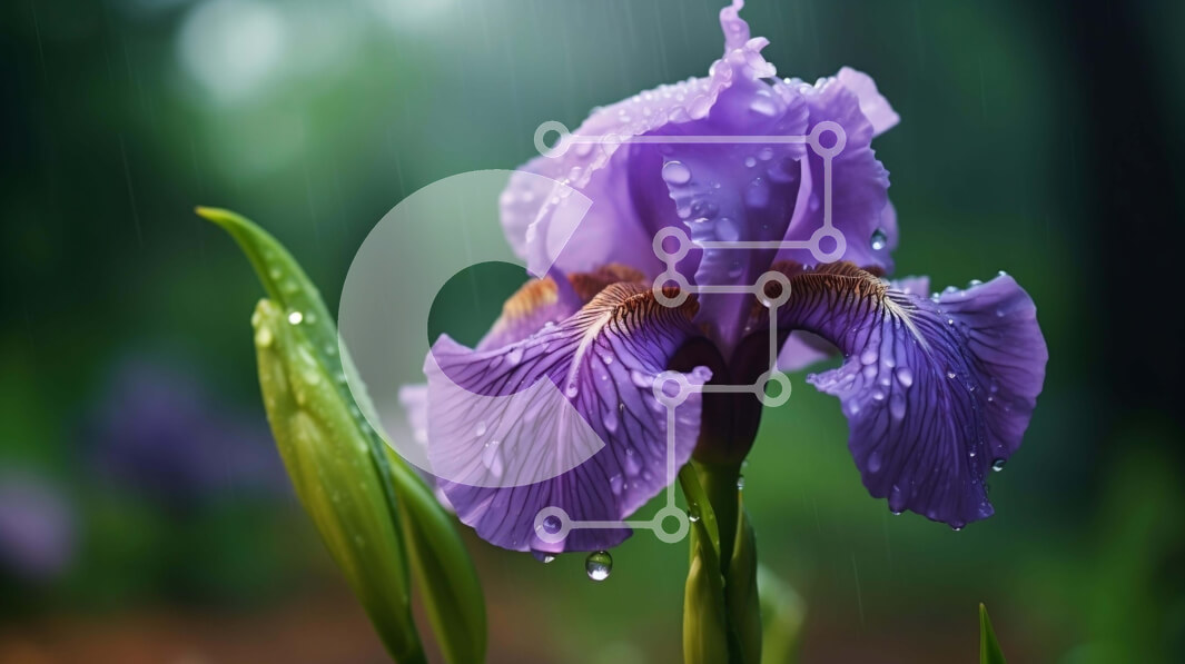 Intra Συλλεκτικό Ξύλινο Παζλ Plywood  4mm - Μωβ λουλούδι ίριδας στη βροχή με σταγονίδια νερού Σε Ξύλινο Κουτί - Διαστάσεις: 10x10 cm – 25 κομμάτια