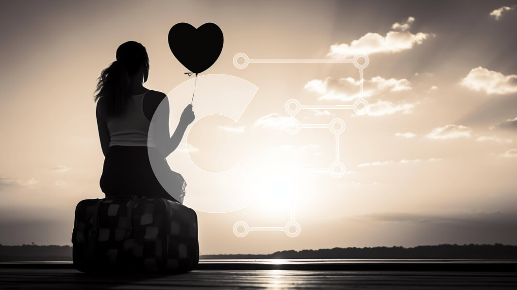 Intra Συλλεκτικό Ξύλινο Παζλ Plywood  4mm - Γυναίκα που κάθεται σε ανοιχτή βαλίτσα με μπαλόνι σε σχήμα καρδιάς στο φόντο Σε Ξύλινο Κουτί - Διαστάσεις Puzzle: 10x10 cm – 25 κομμάτια