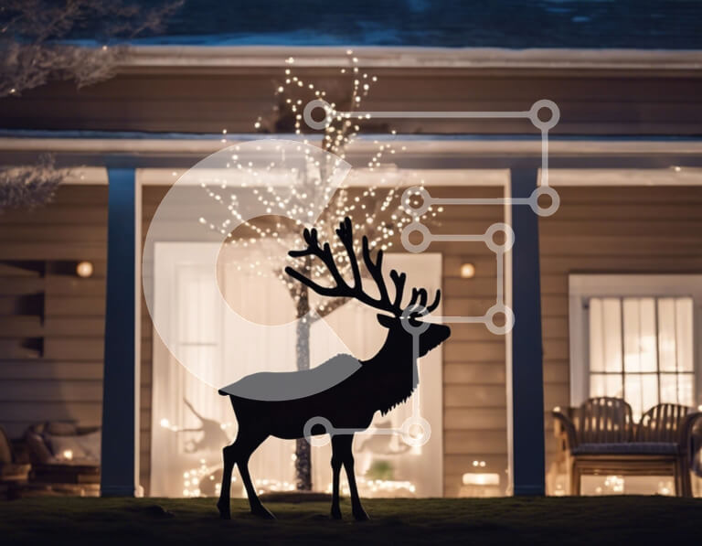 Intra Συλλεκτικό Ξύλινο Παζλ Plywood  4mm - Σιλουέτα ελάφια μπροστά από διακοσμημένο σπίτι για διακοπές Σε Ξύλινο Κουτί - Διαστάσεις: 10x10 cm – 25 κομμάτια