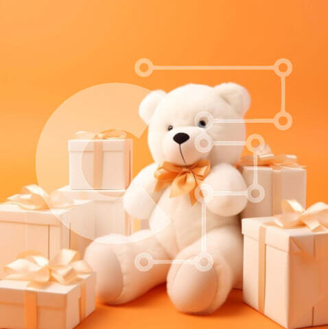 Intra Συλλεκτικό Ξύλινο Παζλ Plywood  4mm - Λευκό αρκουδάκι με κουτιά δώρων σε πορτοκαλί φόντο Σε Ξύλινο Κουτί - Διαστάσεις: 10x10 cm – 25 κομμάτια - Image 1