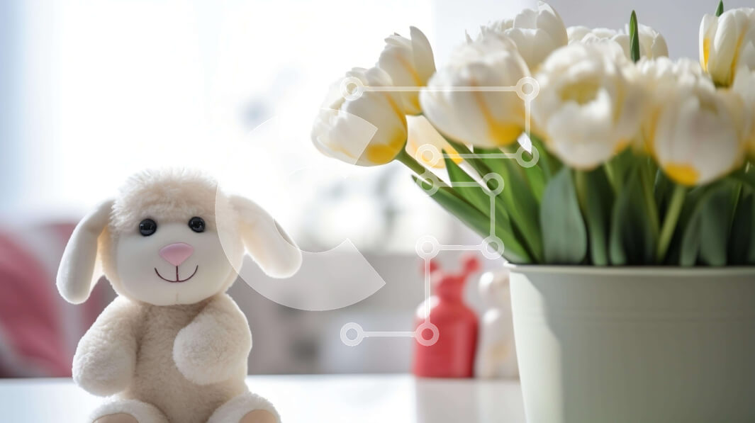 Intra Συλλεκτικό Ξύλινο Παζλ Plywood  4mm - Πασχαλινό λαγουδάκι με λευκές τουλίπες και βάζο Σε Ξύλινο Κουτί - Διαστάσεις: 10x10 cm – 25 κομμάτια