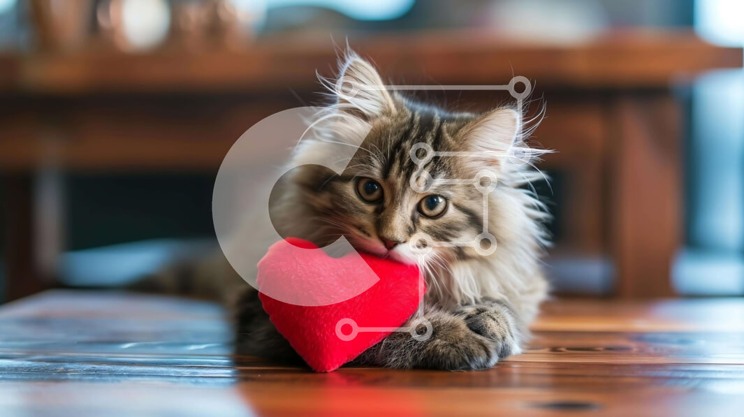 Intra Συλλεκτικό Ξύλινο Παζλ Plywood  4mm - Αφράτη γάτα που παίζει με παιχνίδι σε σχήμα καρδιάς σε ξύλινο τραπέζι Σε Ξύλινο Κουτί - Διαστάσεις: 10x10 cm – 25 κομμάτια