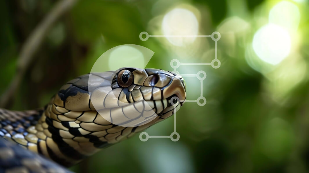 Intra Συλλεκτικό Ξύλινο Παζλ Plywood  4mm - Μαύρο και καφέ φίδι με το κεφάλι που στηρίζεται σε πράσινα φύλλα Σε Ξύλινο Κουτί - Διαστάσεις: 10x10 cm – 25 κομμάτια