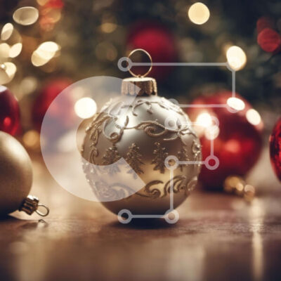 Intra Συλλεκτικό Ξύλινο Παζλ Plywood  4mm - Ασημένια και χρυσά στολίδια σε ξύλινο τραπέζι με κόκκινα και λευκά διακοσμητικά Σε Ξύλινο Κουτί - Διαστάσεις: 10x10 cm – 25 κομμάτια - Image 1