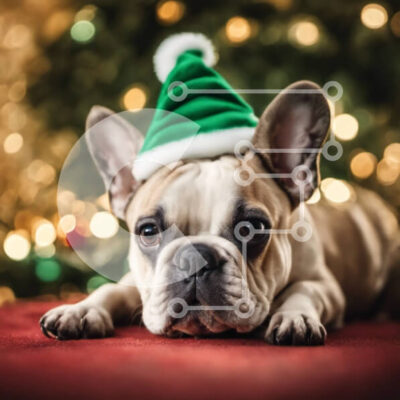 Intra Συλλεκτικό Ξύλινο Παζλ Plywood  4mm - Γαλλικό μπουλντόγκ που φορά πράσινο καπέλο κατά τη διάρκεια των διακοπών Σε Ξύλινο Κουτί - Διαστάσεις: 10x10 cm – 25 κομμάτια - Image 1