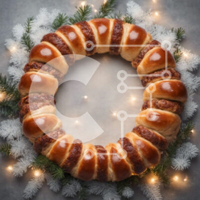 Intra Συλλεκτικό Ξύλινο Παζλ Plywood  4mm - Κυκλικό στεφάνι ψωμιού και λουκάνικου με κλαδιά πεύκου και νιφάδες χιονιού Σε Ξύλινο Κουτί - Διαστάσεις: 10x10 cm – 25 κομμάτια - Image 1