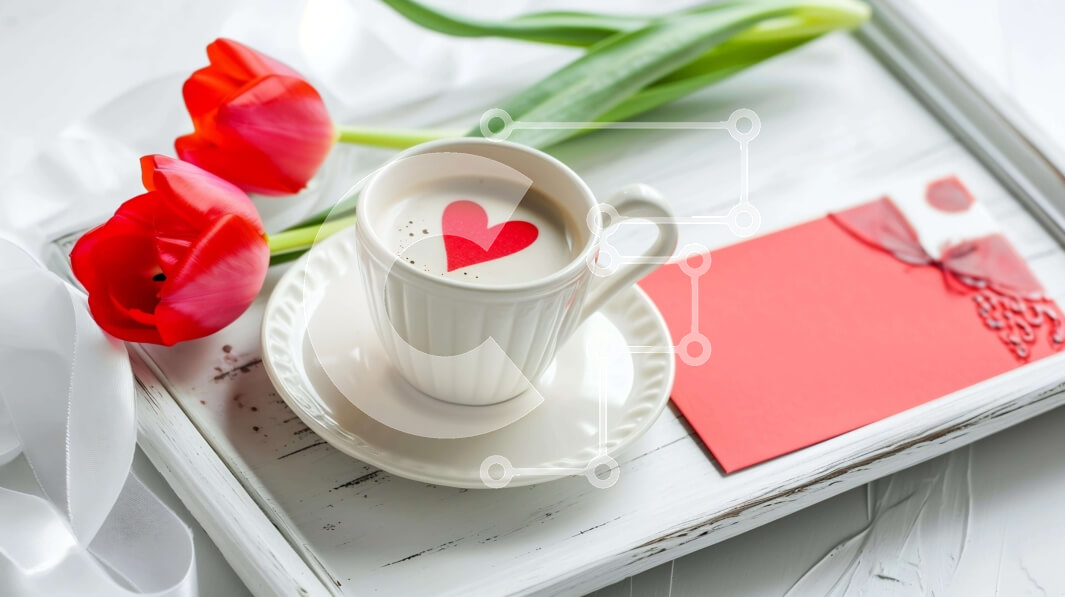 Intra Συλλεκτικό Ξύλινο Παζλ Plywood  4mm - Καφές του Αγίου Βαλεντίνου με κόκκινες τουλίπες και φάκελο Σε Ξύλινο Κουτί - Διαστάσεις: 10x10 cm – 25 κομμάτια