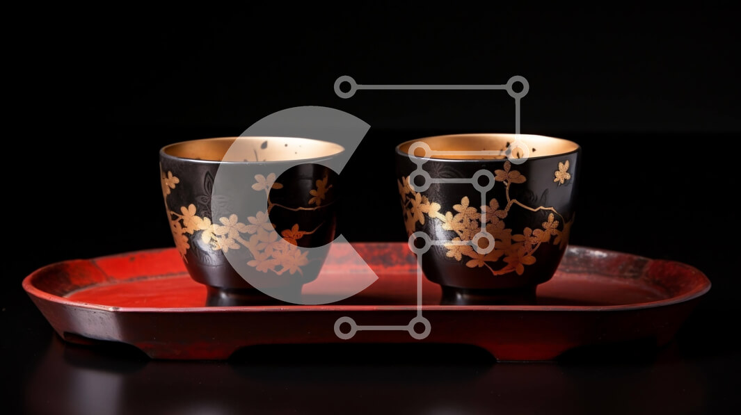 Intra Συλλεκτικό Ξύλινο Παζλ Plywood  4mm - Κομψές μαύρες κούπες σε κόκκινο δίσκο με floral σχέδια Σε Ξύλινο Κουτί - Διαστάσεις: 10x10 cm – 25 κομμάτια