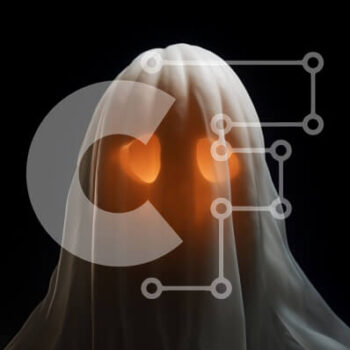 Intra Συλλεκτικό Ξύλινο Παζλ Plywood  4mm - Φάντασμα με λαμπερά πορτοκαλί μάτια που αντιπροσωπεύουν το πνεύμα του Halloween Σε Ξύλινο Κουτί - Διαστάσεις Puzzle: 10x10 cm – 25 κομμάτια - Image 1