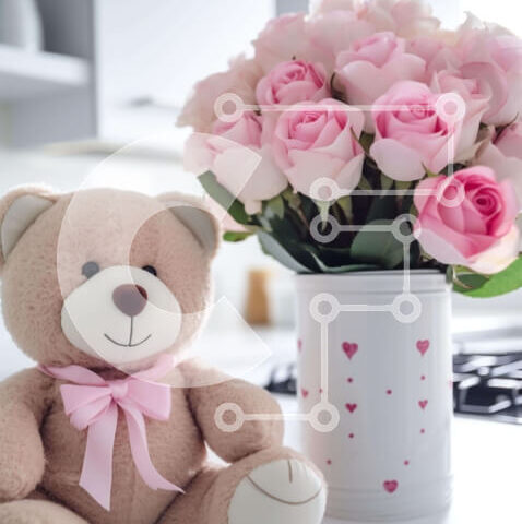 Intra Συλλεκτικό Ξύλινο Παζλ Plywood 4mm - Αρκουδάκι και ροζ τριαντάφυλλα για την ημέρα του Αγίου Βαλεντίνου Σε Ξύλινο Κουτί - Διαστάσεις: 10x10 cm – 25 κομμάτια - Image 1