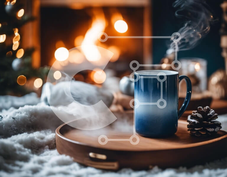 Intra Συλλεκτικό Ξύλινο Παζλ Plywood  4mm - Μπλε κούπα καφέ με ατμό δίπλα στο τζάκι Σε Ξύλινο Κουτί - Διαστάσεις Puzzle: 10x10 cm – 25 κομμάτια