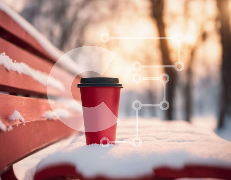 Intra Συλλεκτικό Ξύλινο Παζλ Plywood  4mm - Κόκκινο φλιτζάνι καφέ σε χιονισμένο πάγκο Σε Ξύλινο Κουτί - Διαστάσεις Puzzle: 10x10 cm – 25 κομμάτια