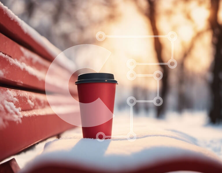 Intra Συλλεκτικό Ξύλινο Παζλ Plywood  4mm - Κόκκινο φλιτζάνι καφέ στον χιονισμένο πάγκο Σε Ξύλινο Κουτί - Διαστάσεις Puzzle: 10x10 cm – 25 κομμάτια