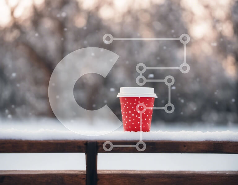 Intra Συλλεκτικό Ξύλινο Παζλ Plywood  4mm - Κόκκινο φλιτζάνι καφέ στον ξύλινο πάγκο στο χιονισμένο δάσος Σε Ξύλινο Κουτί - Διαστάσεις: 10x10 cm – 25 κομμάτια