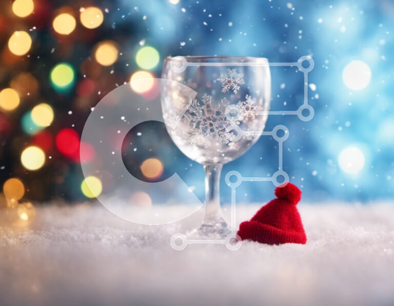 Intra Συλλεκτικό Ξύλινο Παζλ Plywood  4mm - Ποτήρι κρασιού με κόκκινο καπέλο και χριστουγεννιάτικες διακοσμήσεις σε φόντο νιφάδες χιονιού Σε Ξύλινο Κουτί - Διαστάσεις: 10x10 cm – 25 κομμάτια