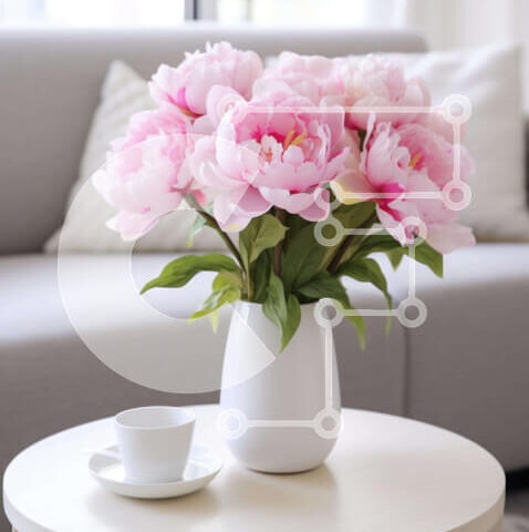 Intra Συλλεκτικό Ξύλινο Παζλ Plywood  4mm - Λευκό βάζο με ροζ λουλούδια και φλιτζάνι καφέ στο τραπεζάκι σαλονιού Σε Ξύλινο Κουτί - Διαστάσεις Puzzle: 10x10 cm – 25 κομμάτια - Image 1