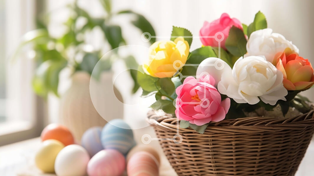 Intra Συλλεκτικό Ξύλινο Παζλ Plywood  4mm - Πολύχρωμα λουλούδια και Πασχαλινά αυγά στο ψάθινο καλάθι Σε Ξύλινο Κουτί - Διαστάσεις Puzzle: 10x10 cm – 25 κομμάτια