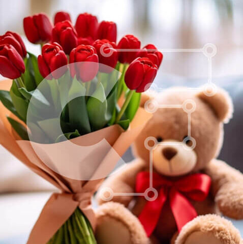 Intra Συλλεκτικό Ξύλινο Παζλ Plywood  4mm - Αρκουδάκι και κόκκινες τουλίπες Σε Ξύλινο Κουτί - Διαστάσεις: 10x10 cm – 25 κομμάτια - Image 1