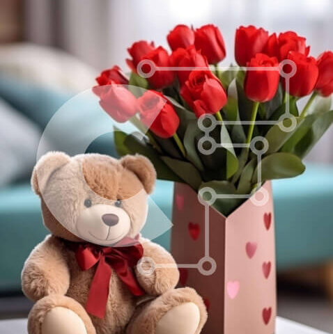 Intra Συλλεκτικό Ξύλινο Παζλ Plywood  4mm - Αρκουδάκι του Αγίου Βαλεντίνου με κόκκινες τουλίπες Σε Ξύλινο Κουτί - Διαστάσεις Puzzle: 10x10 cm – 25 κομμάτια - Image 1