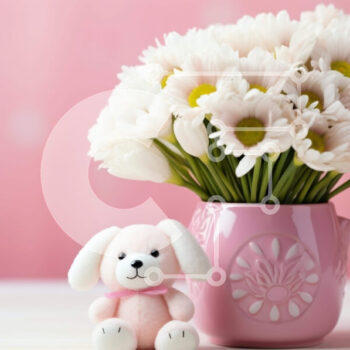 Intra Συλλεκτικό Ξύλινο Παζλ Plywood  4mm - Ροζ βάζο με λευκά λουλούδια και αρκουδάκι Σε Ξύλινο Κουτί - Διαστάσεις Puzzle: 10x10 cm – 25 κομμάτια - Image 1