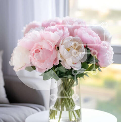 Intra Συλλεκτικό Ξύλινο Παζλ Plywood 4mm - Floral διάταξη από παιώνιες σε γυάλινο βάζο με ανοιχτό παράθυρο Σε Ξύλινο Κουτί - Διαστάσεις Puzzle: 10x10 cm – 25 κομμάτια - Image 1