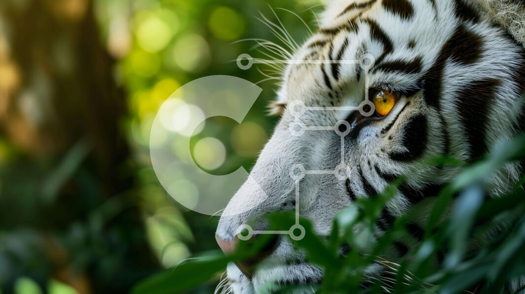 Intra Συλλεκτικό Ξύλινο Παζλ Plywood  4mm - Λευκή τίγρη στο δάσος με φωτεινά πορτοκαλί μάτια Σε Ξύλινο Κουτί - Διαστάσεις: 10x10 cm – 25 κομμάτια