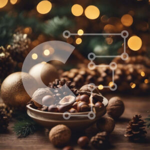 Intra Συλλεκτικό Ξύλινο Παζλ Plywood  4mm - Μπολ με ξηρούς καρπούς, κουκουνάρια και στολίδια σε ένα διακοσμημένο ξύλινο τραπέζι Σε Ξύλινο Κουτί - Διαστάσεις: 10x10 cm – 25 κομμάτια