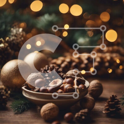 Intra Συλλεκτικό Ξύλινο Παζλ Plywood  4mm - Μπολ με ξηρούς καρπούς, κουκουνάρια και στολίδια σε ένα διακοσμημένο ξύλινο τραπέζι Σε Ξύλινο Κουτί - Διαστάσεις: 10x10 cm – 25 κομμάτια - Image 1