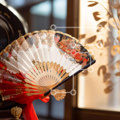 Intra Συλλεκτικό Ξύλινο Παζλ Plywood  4mm - Βεντάλια εμπνευσμένη από την Ασία με κόκκινες κορδέλες και χρυσές πινελιές Σε Ξύλινο Κουτί - Διαστάσεις: 10x10 cm – 25 κομμάτια - Image 1