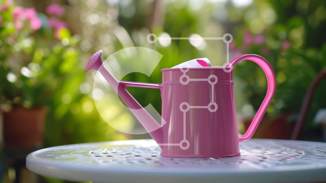 Intra Συλλεκτικό Ξύλινο Παζλ Plywood  4mm - Ροζ ποτιστήρι και φυτά στο τραπέζι εξωτερικού χώρου Σε Ξύλινο Κουτί - Διαστάσεις: 10x10 cm – 25 κομμάτια