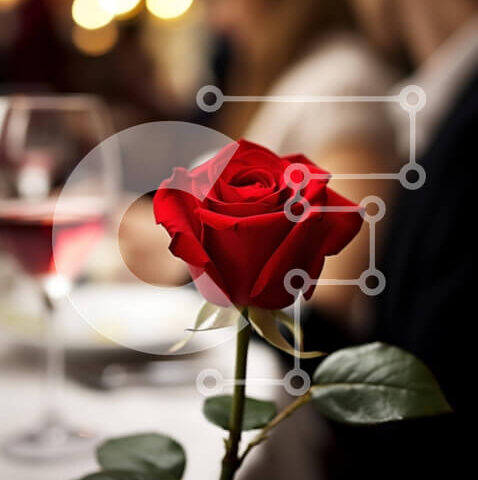 Intra Συλλεκτικό Ξύλινο Παζλ Plywood  4mm - Κόκκινο τριαντάφυλλο σε τραπεζαρία με ποτήρια κρασιού Σε Ξύλινο Κουτί - Διαστάσεις Puzzle: 10x10 cm – 25 κομμάτια - Image 1