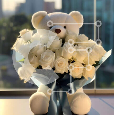 Intra Συλλεκτικό Ξύλινο Παζλ Plywood 4mm - Λευκό αρκουδάκι με λευκά τριαντάφυλλα Σε Ξύλινο Κουτί - Διαστάσεις: 10x10 cm – 25 κομμάτια - Image 1