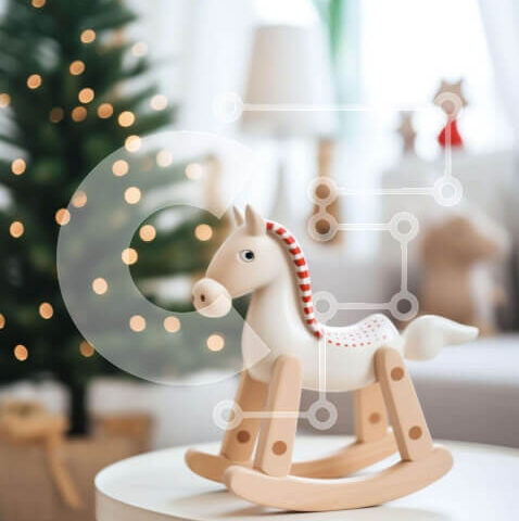 Intra Συλλεκτικό Ξύλινο Παζλ Plywood  4mm - Λευκό παιχνίδι αλόγων που κουνιέται δίπλα στο χριστουγεννιάτικο δέντρο Σε Ξύλινο Κουτί - Διαστάσεις Puzzle: 10x10 cm – 25 κομμάτια - Image 1