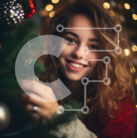 Intra Συλλεκτικό Ξύλινο Παζλ Plywood  4mm - Νεαρή γυναίκα με κόκκινο πουλόβερ που διακοσμεί ένα χριστουγεννιάτικο δέντρο με στολίδια Σε Ξύλινο Κουτί - Διαστάσεις: 10x10 cm – 25 κομμάτια - Image 1