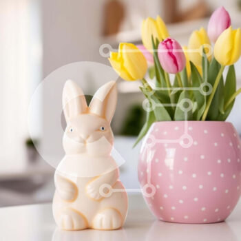 Intra Συλλεκτικό Ξύλινο Παζλ Plywood  4mm - Ροζ κουνελάκι με βάζα τουλίπας και φυτά σε γλάστρες Σε Ξύλινο Κουτί - Διαστάσεις Puzzle: 10x10 cm – 25 κομμάτια - Image 1