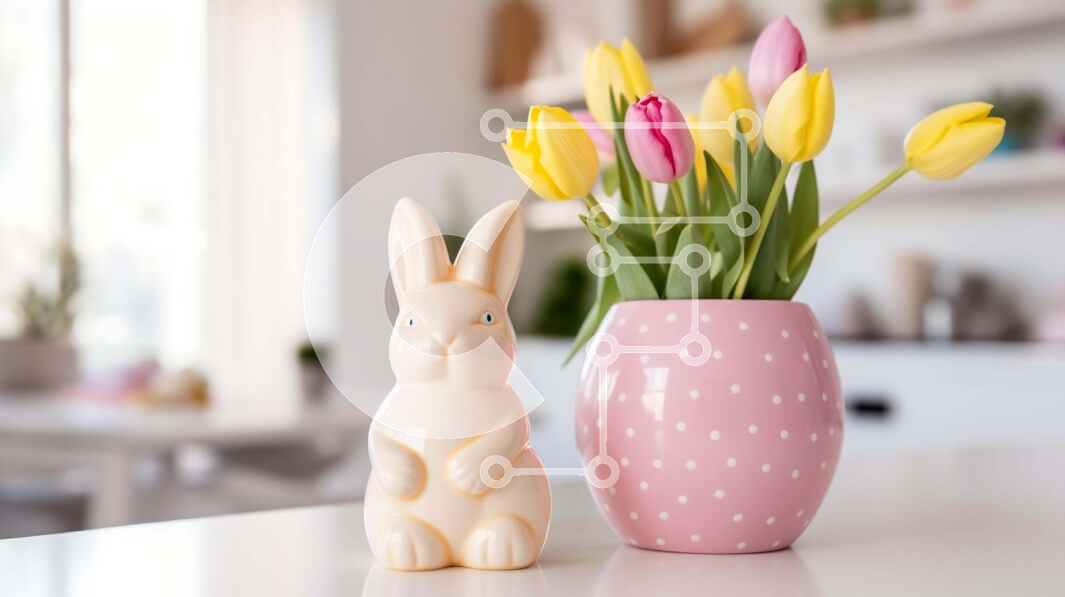 Intra Συλλεκτικό Ξύλινο Παζλ Plywood  4mm - Ροζ κουνελάκι με βάζα τουλίπας και φυτά σε γλάστρες Σε Ξύλινο Κουτί - Διαστάσεις Puzzle: 10x10 cm – 25 κομμάτια