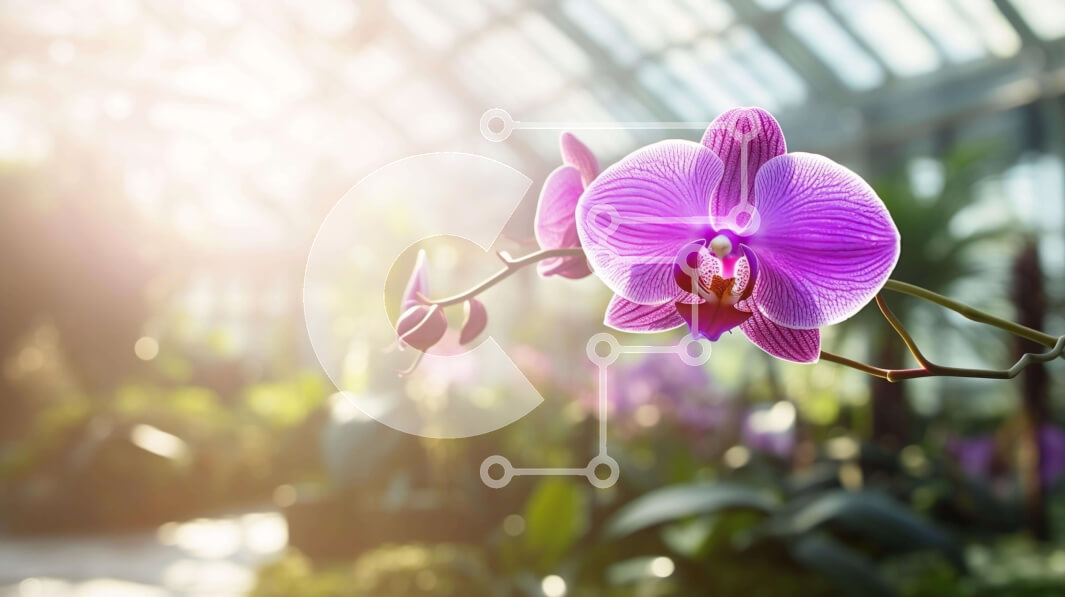 Intra Συλλεκτικό Ξύλινο Παζλ Plywood  4mm - Μωβ λουλούδι ορχιδέας σε εσωτερικό θερμοκήπιο Σε Ξύλινο Κουτί - Διαστάσεις: 10x10 cm – 25 κομμάτια