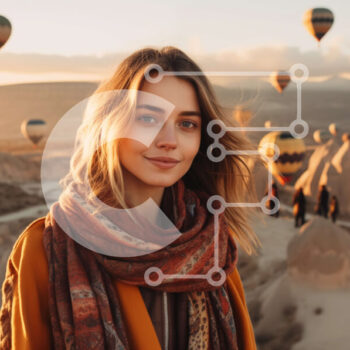 Intra Συλλεκτικό Ξύλινο Παζλ Plywood  4mm - Νεαρή γυναίκα που στέκεται μπροστά από μπαλόνια ζεστού αέρα με πορτοκαλί κασκόλ Σε Ξύλινο Κουτί - Διαστάσεις Puzzle: 10x10 cm – 25 κομμάτια - Image 1