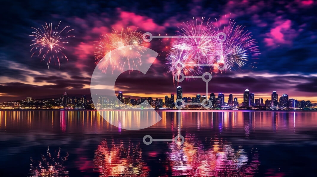 Intra Συλλεκτικό Ξύλινο Παζλ Plywood  4mm - Θεαματική επίδειξη πυροτεχνημάτων πάνω από τον ορίζοντα της πόλης τη νύχτα Σε Ξύλινο Κουτί - Διαστάσεις: 10x10 cm – 25 κομμάτια