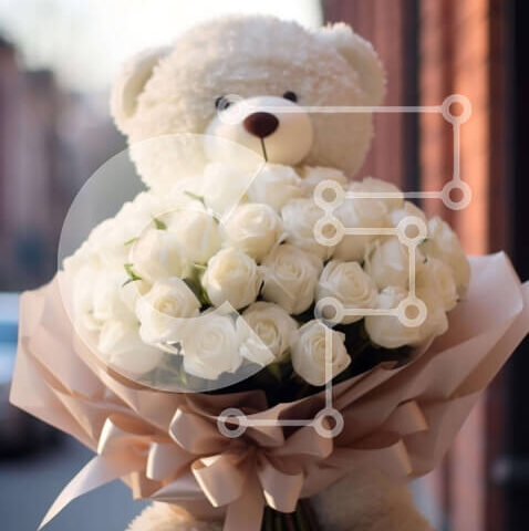 Intra Συλλεκτικό Ξύλινο Παζλ Plywood  4mm - Teddy Bear που κρατά λευκά τριαντάφυλλα - δώρο για κάποιον ξεχωριστό Σε Ξύλινο Κουτί - Διαστάσεις Puzzle: 10x10 cm – 25 κομμάτια - Image 1