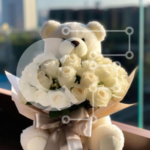 Intra Συλλεκτικό Ξύλινο Παζλ Plywood 4mm - Λευκό αρκουδάκι που κρατά ένα όμορφο μπουκέτο με λευκά τριαντάφυλλα Σε Ξύλινο Κουτί - Διαστάσεις Puzzle: 10x10 cm – 25 κομμάτια - Image 1