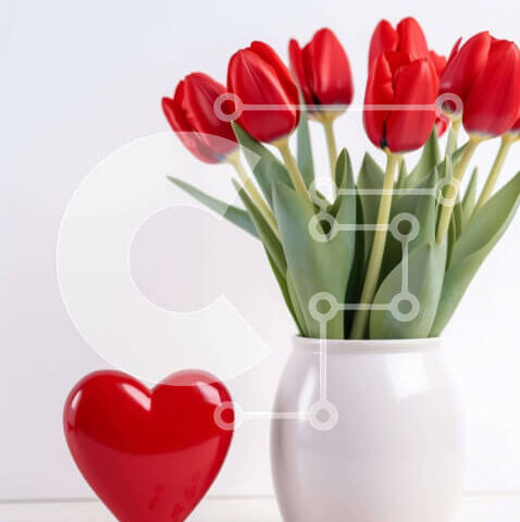 Intra Συλλεκτικό Ξύλινο Παζλ Plywood  4mm - Κόκκινες τουλίπες σε λευκό βάζο με αντικείμενο σε σχήμα καρδιάς Σε Ξύλινο Κουτί - Διαστάσεις Puzzle: 10x10 cm – 25 κομμάτια - Image 1