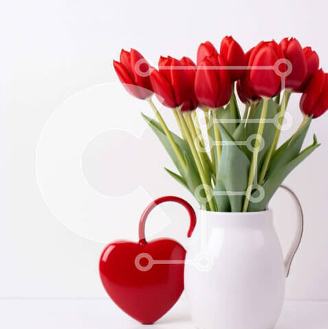 Intra Συλλεκτικό Ξύλινο Παζλ Plywood 4mm - Λευκή στάμνα με κόκκινες τουλίπες και βάζο σε σχήμα καρδιάς στο τραπέζι Σε Ξύλινο Κουτί - Διαστάσεις Puzzle: 10x10 cm – 25 κομμάτια - Image 1