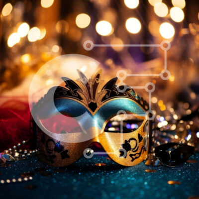 Intra Συλλεκτικό Ξύλινο Παζλ Plywood 4mm - Μπλε και χρυσή μάσκα μεταμφίεσης σε φόντο επιτραπέζιου Σε Ξύλινο Κουτί - Διαστάσεις Puzzle: 10x10 cm – 25 κομμάτια - Image 1