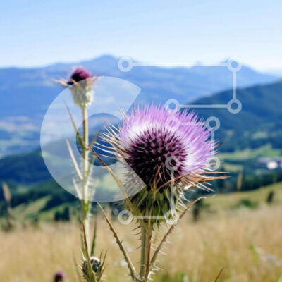 Intra Συλλεκτικό Ξύλινο Παζλ Plywood 4mm - Μωβ λουλούδι γαϊδουράγκαθου ενάντια σε βουνά και λόφους Σε Ξύλινο Κουτί - Διαστάσεις: 10x10 cm – 25 κομμάτια - Image 1